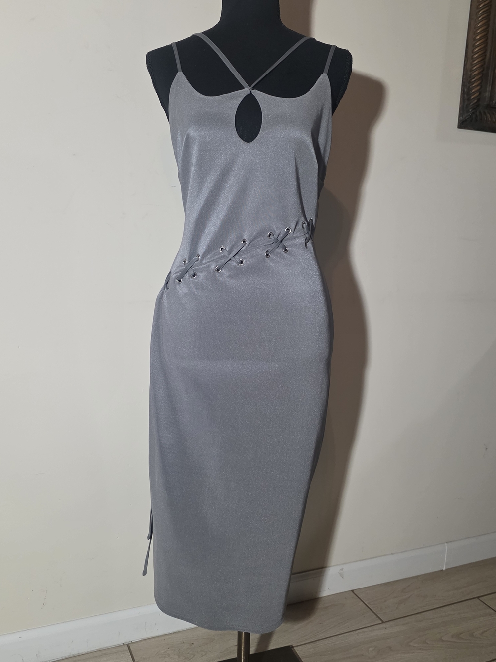 ASOS Silver-Grey Lace-Up Midi Dress (Size 12) **NWT